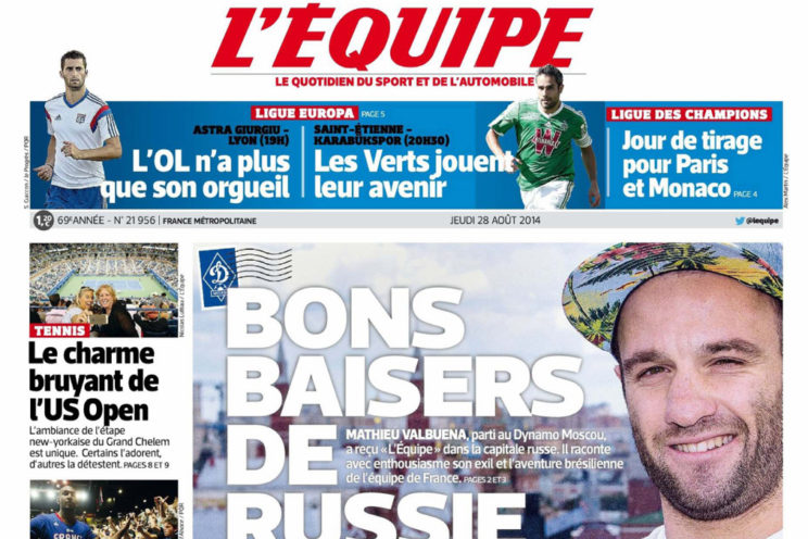 Gros plan Une journal l'Equipe avec Mathieu Valbuena